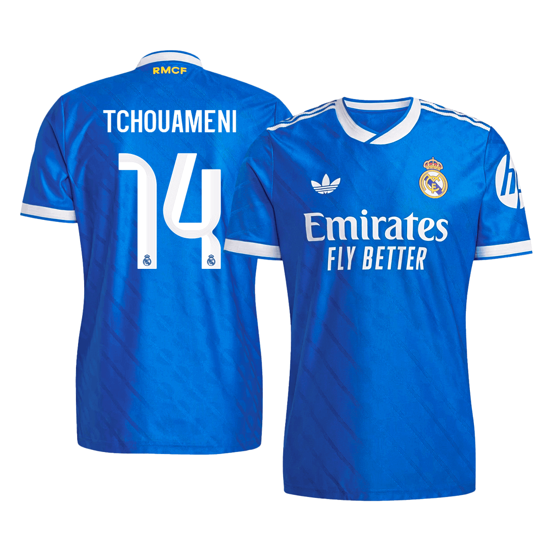 Jogador TCHOUAMENI #14 Real Madrid Fora Terceira Futebol Camisas 2025/26 Azul camisola de futebol