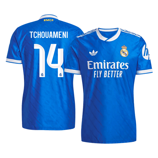 Jogador TCHOUAMENI #14 Real Madrid Fora Terceira Futebol Camisas 2025/26 Azul camisola de futebol