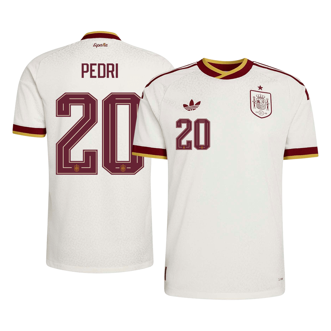 Versão do Jogador PEDRI #20 Espanha Fora Copa do Mundo Futebol Camisas 2026 Branco