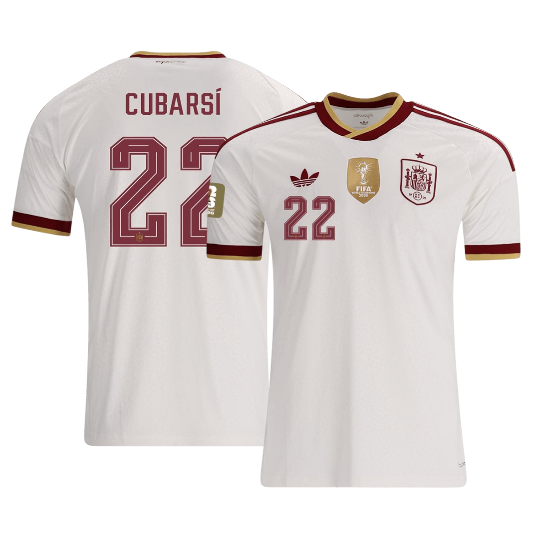 Versão do Jogador CUBARSÍ #22 Spain Fora Copa do Mundo Futebol Camisas 2026 Branco