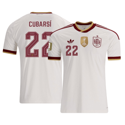 Versão do Jogador CUBARSÍ #22 Spain Fora Copa do Mundo Futebol Camisas 2026 Branco